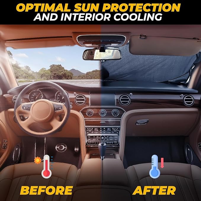 Autovir Windshield Sun Shade – 280T Reflective Front Window Sun Blocker, Heat Shield Automotive Sun Visor Protection, Foldable with Storage Bag, Car Accessories Fits Coupe, Hatchback