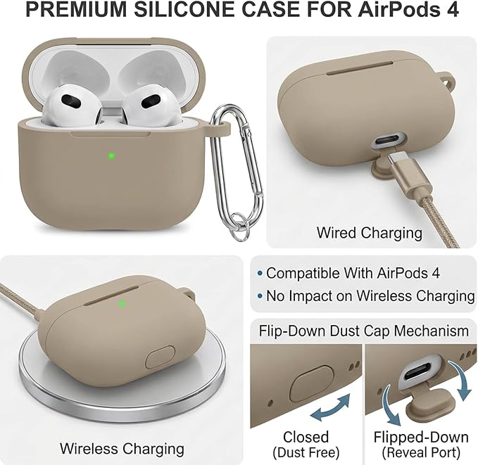 Silicone Case Cover for AirPods 4th Gen, Soft Skin, Full Protection, Keychain, Cleaner Kit (Milk Tea)