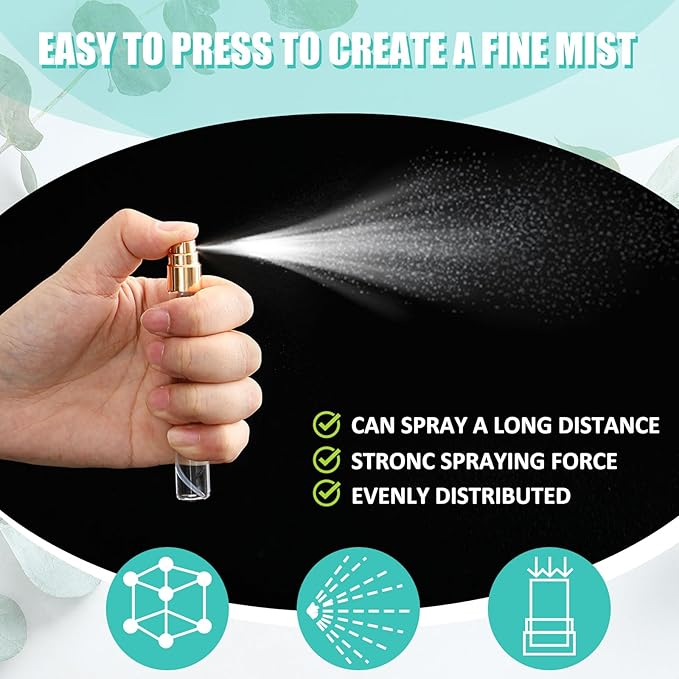 Zhehao 200 Pcs Mini Spray Bottles 10 ml Clear Glass Perfume Bottles Refillable Fine Mist Perfume Atomizer Portable Empty Sample Containers for Cleaning, Essential Oils, Travel (Gold Cap)