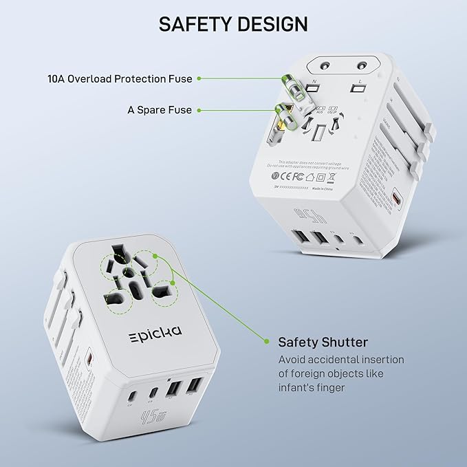 EPICKA Universal Travel Adapter GaN 45W, European Travel Plug Adapter with PD&QC Fast Charging(2 USB-A & 3 USB-C Ports) - Worldwide Travel Essentials, International Power Adapter for UK/US/AU (White)