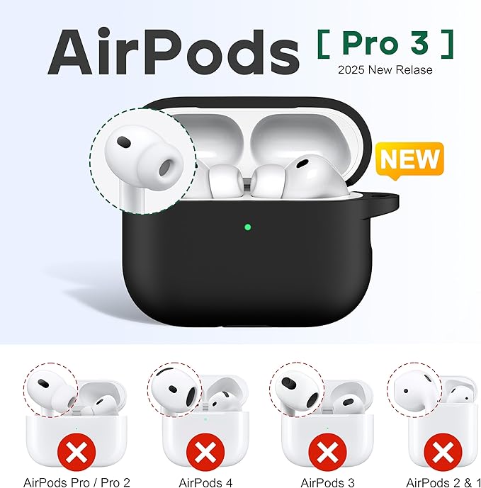 R-fun for AirPods Pro 3 Case (2025), Soft Silicone Protective Case Cover Compatible with Apple AirPods Pro 3rd Generation (USB-C Cable) for Women Men with Cleaning Kit and Keychain, Black