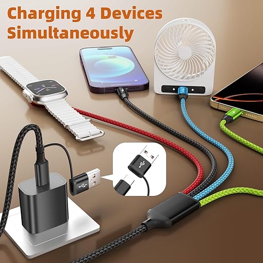 Dual Type-C Port 4 in 2 Multi Charging Cable for iWatch, Travel Essentials Charging Cords for Multiple Devices for iWatch Ultra/SE/11-2, iPhone 17-11, Galaxy S25-21, iPad (2PACK 5FT)