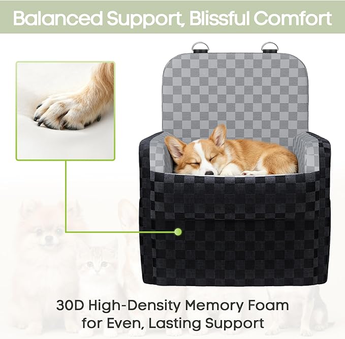 Waterproof Dog Car Seat for Small/Medium Dogs up to 26 lbs, Memory Foam Booster Seat Elevated 6in, Pet Car Seat with Removable Washable Cover, Y-Shape Safety Belt and Storage Pockets