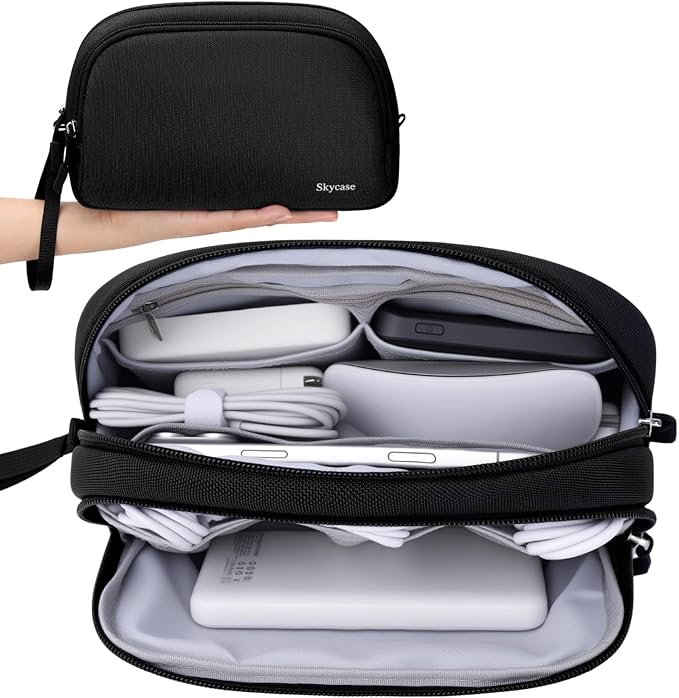 Skycase Travel Cable Organizer - Lightweight Water Resistant Dual-Layer Tech Pouch with Wrist Strap 10 Compartments Electronic Organizer Travel Case for Charger Cord Hard Drive,Medium,Black