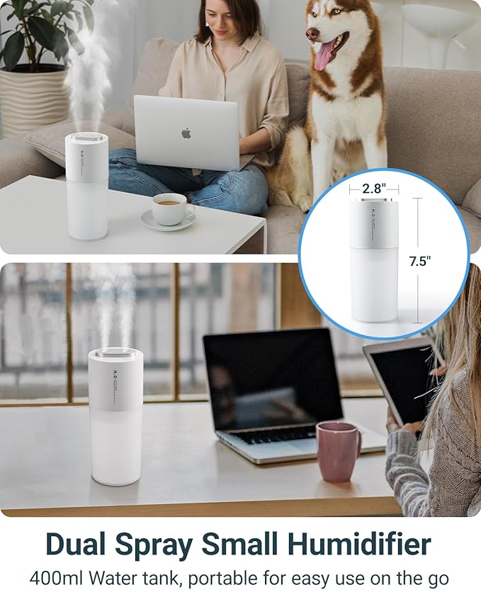 Dual-spray 400ml Mini Humidifier for Desk - Portable Rechargeable Personal Desktop Humidifiers for Office Car Travel Plants Bedroom Baby, Auto Shut-Off, 2 Mist Modes, Super Quiet, White