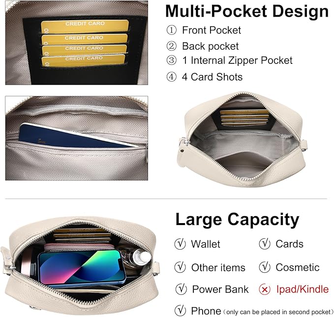 Small Crossbody Bags for Women Genuine Leather, Guitar Strap Shoulder Handbag Purse Camera Bag with Rfid Card Slots, Beige