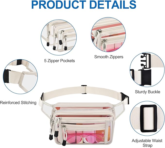 Clear Bag Stadium Approved Clear Fanny Pack for Women for Work,Multi-purpose Waist Bag for Travel & Sporting Event