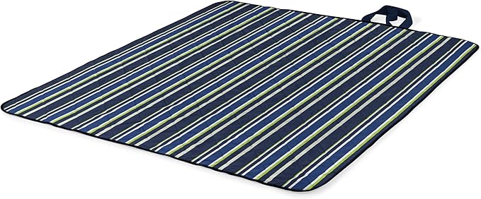 ONIVA - a Picnic Time brand - Vista Outdoor Picnic Blanket & Tote - Beach Blanket - Camping Blanket, (Blue Stripe Pattern with Navy Blue Exterior)