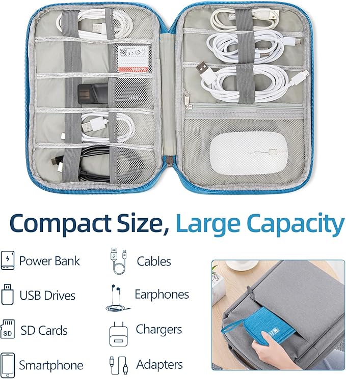Electronics Organizer Travel Case - Water-Resistant Tech Bag for Cables, Chargers & Cord Management - Small Portable Pouch for Travel Accessories, Gear Bag for Airplane & Business
