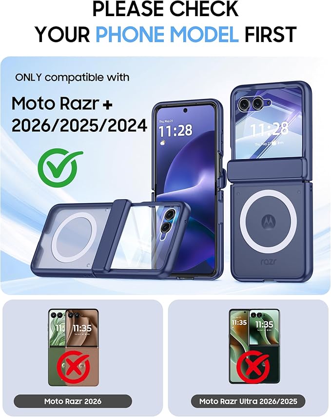 Magnetic for Motorola Razr+ Plus 2026,Razr+ 2025/2024 Case,Hinge Protection, Screen Protector, Compatible with MagSafe, Translucent Frosted, Shockproof Cover for Razr+ 2026/2025/2024-Blue