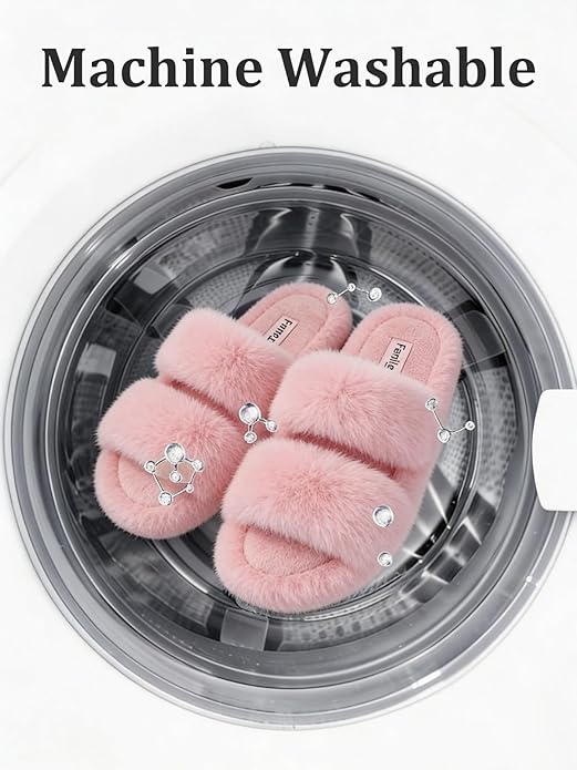 FamilyFairy Women's Fluffy Faux Fur Slippers Comfy Open Toe Two Band Slides with Fleece Lining and Rubber Sole