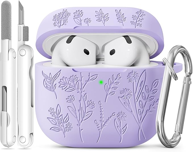 for Airpods 4 Case, Ekoonpft Flower Engraved Cases for Apple AirPods 4th Generation 2024, Soft Silicone Cover for Women Girly with 3-in-1 Cleaner Kit, Keychain, Military Grade Protection