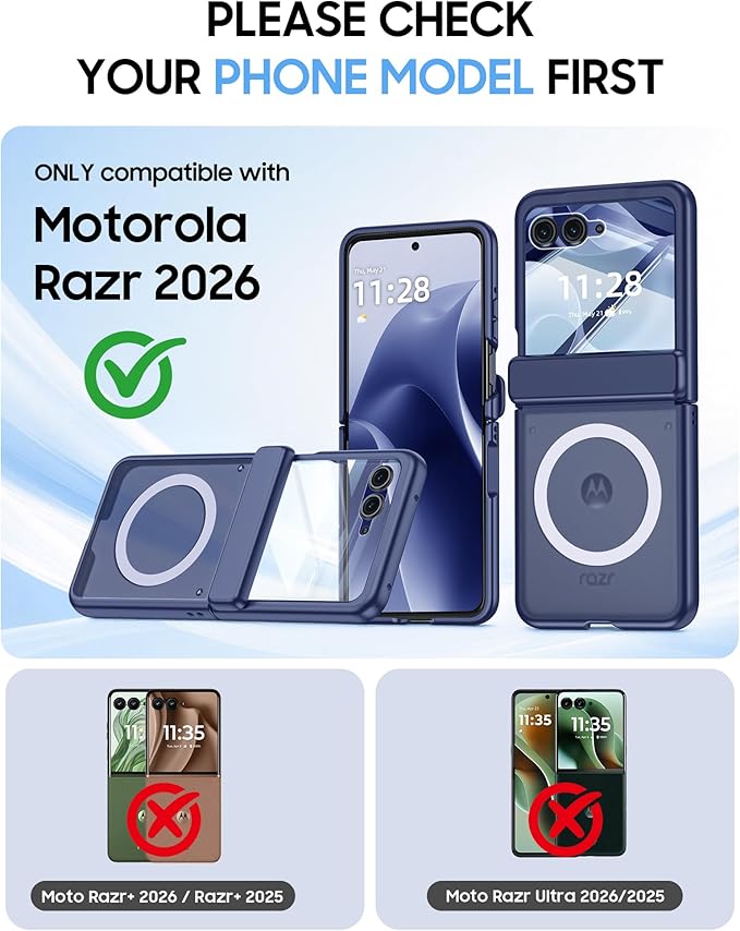 Magnetic for Motorola Razr 2026 Case with Hinge Protection, Screen Protector, Compatible with MagSafe,Skin Feel Translucent Frosted, Shockproof Slim Cover for Moto Razr 2026-Blue