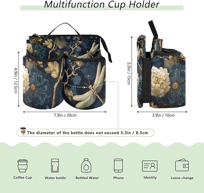 Luggage Cup Holder for Suitcases Free Hands Suitcase Cup Holder Travel Luggage Drink Holder Portable Luggage Cup Caddy Bag Carrier with Handle Mystical Flowers and Dragonflies