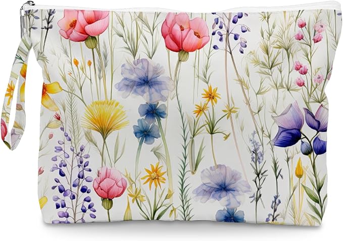 Fokongna Floral Print Wet Bag, Small Portable Waterproof Multi-Functional Organizer for Women, Ideal for Daily, Beach & Travel, Multicolor Wildflower Meadow