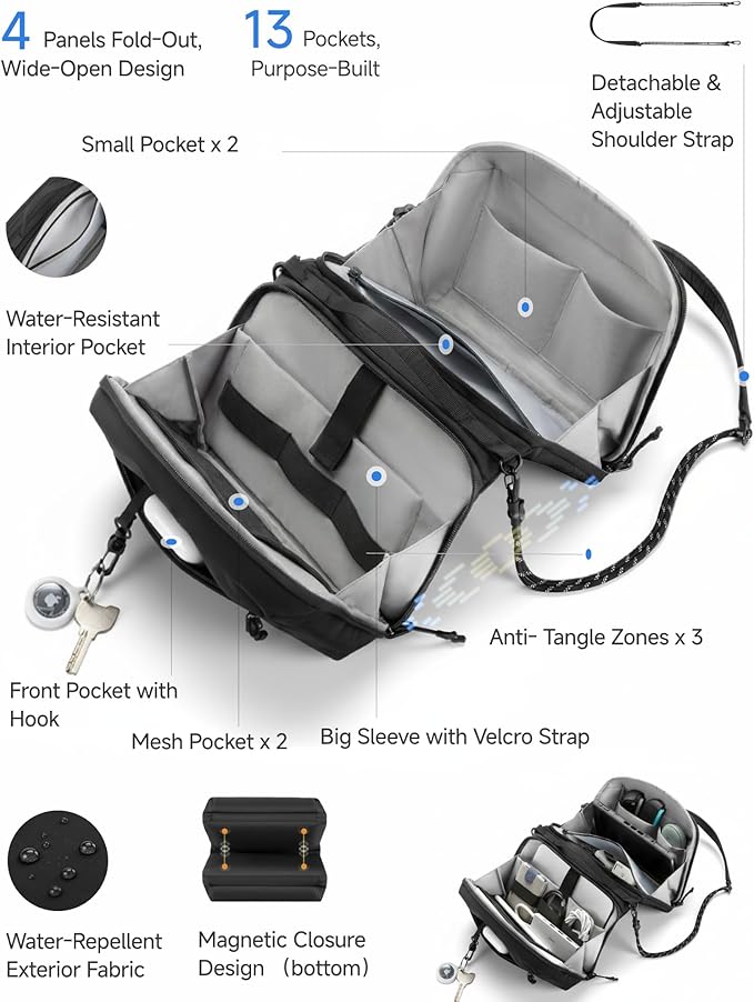 LUGGEX Large Tech Pouch, Cable Organizer Bag with Removable Crossbody Strap, Dual Accessories Bag & Water Resistant for Kindle, Chargers, Cord, Earphone for Travel Office All-in-One, Black