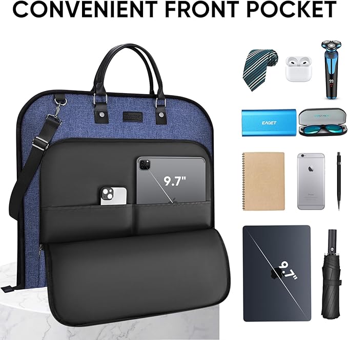BALEINE Travel Garment Bag, Travel Suit Bag for Men, Water Resistant Carry on Garment Bag for Hanging Clothes, Garment Duffel Bag for Travel Business (Blue)