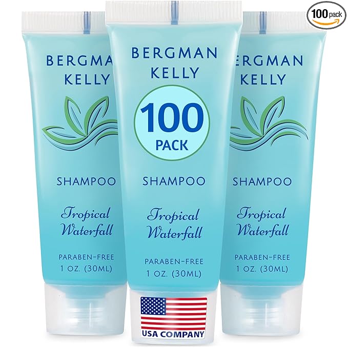 BERGMAN KELLY - Travel Size Hotel Shampoo - 1 fl oz, 100 PK, Tropical Waterfall - Delight Your Guests with Revitalizing & Refreshing Hair Cleanser for Guest Hospitality - Bulk Small Size Shampoo
