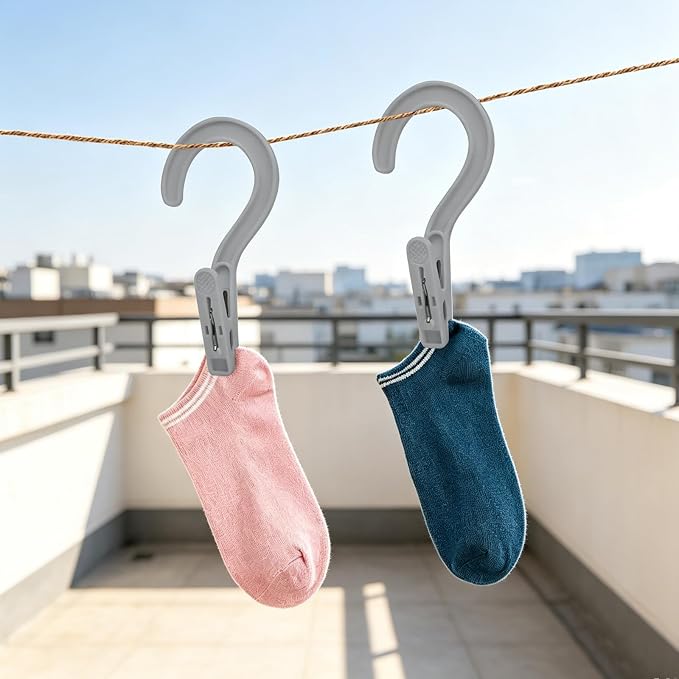 Andiker 4pcs Laundry Hooks with Clips, 5.2" Super Strong Clamping Plastic Single Clip Hangers Portable Travel Hangers with Clips to Hang Socks Towels Boots and Dry Wet Clothes (Grey)