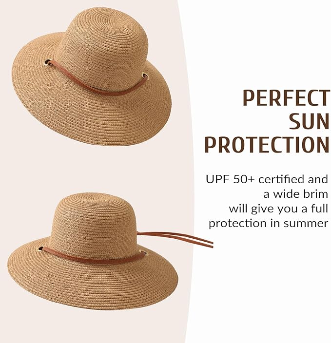 Beach Hat for Women, Wide Brim Sun Straw Hats for Women, Sun Hat Womens UPF 50+ UV Protection, Floppy Foldable Summer Hats