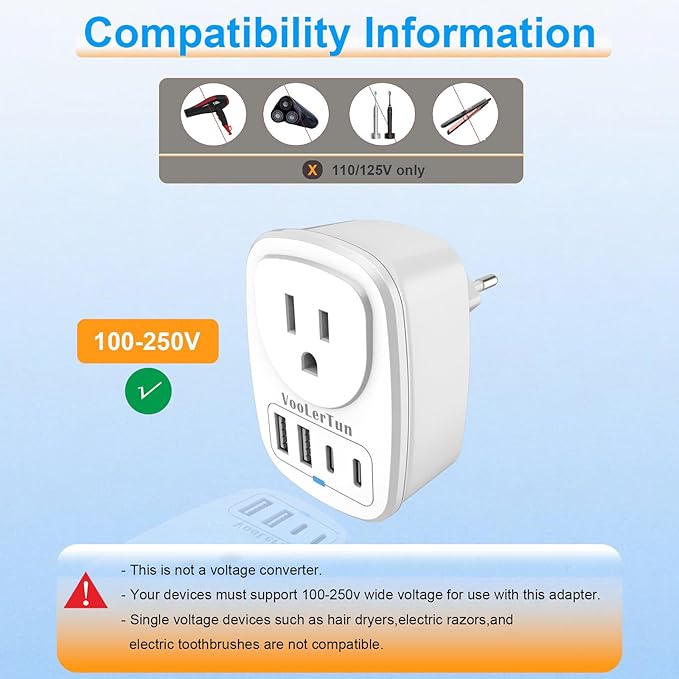 European Plug Adapter Type C International Power Adaptor Travel Cruise Essentials with USB Outlet 2 Pack, European to US Plug Adapter Converter Charger Block Multiple Ports