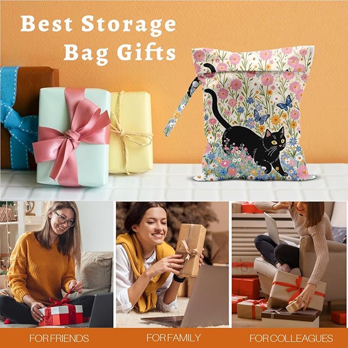 Black Cat Floral Wet Dry Bags Reusable Waterproof Wet Bags Swimsuit Bag Diaper Pouch for Swimsuits Diapers Towels Beach Cat Gifts for Women Friend Travelers 10 x 13 Inches