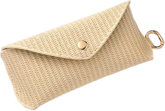Leinuosen Woven Straw Sunglasses Case with Clip, Hard Shell Boho Rattan Pouch, Portable Travel Beach Accessory for Women Girl