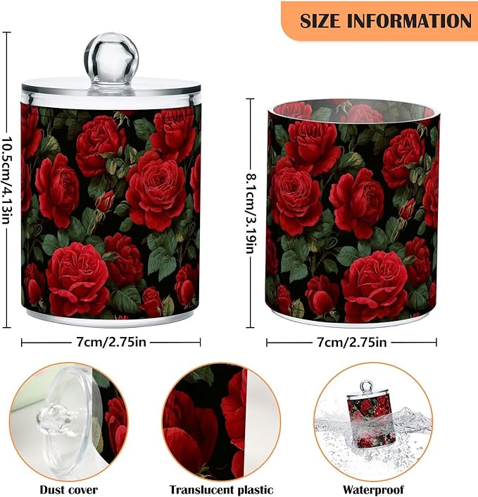 Gredecor Qtip Holder Dispenser 2 Pack Red Rose Flowers Leaves Bathroom Decorative Storage Canister Holder Counter Vanity Organizer for Cotton Ball Swabs Pads Floss