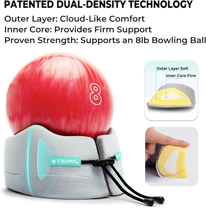 Neck Support Travel Pillow for Airplane: Firm Core Memory Foam Supports 8 lbs Without Collapsing - 360° Chin & Neck Support Prevents Head Bobbing - for Men on Long-Haul Flights
