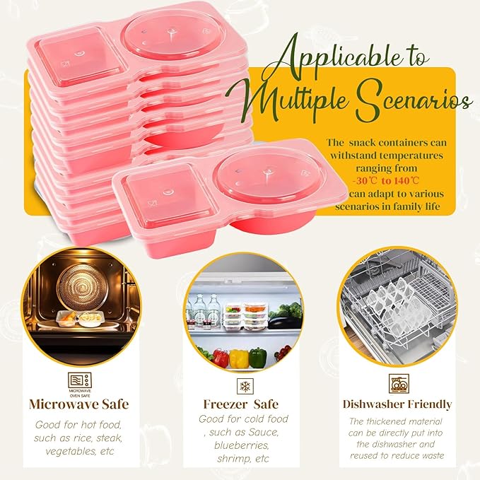 Snack Containers - Pink Portion Control Containers with Lids, Reusable Double Compartment Condiment Container for Take Out Sauce, Candies, Cookies (PINK)