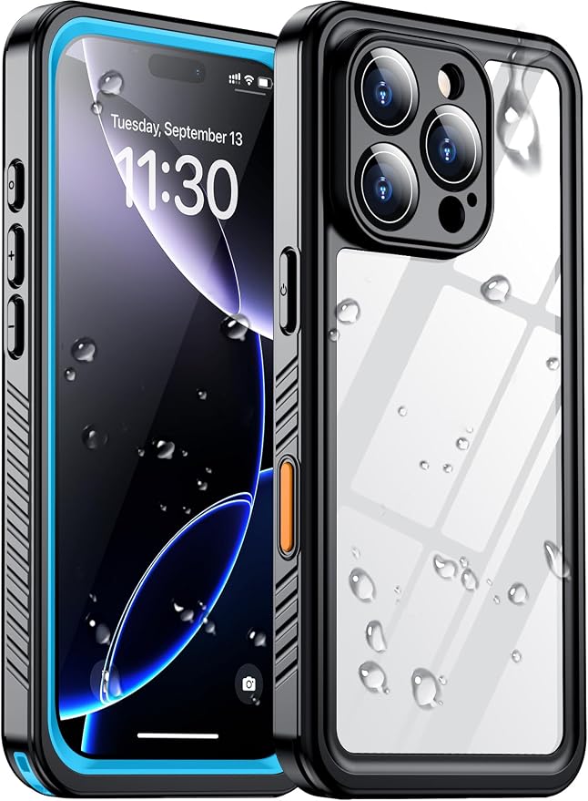 Compatible with iPhone 16 Pro Case Waterproof, Built-in Screen & Camera Protector IP68 Underwater Full Body 16FT Military Dropproof Shockproof Phone Case 6.3"-Blue/Clear