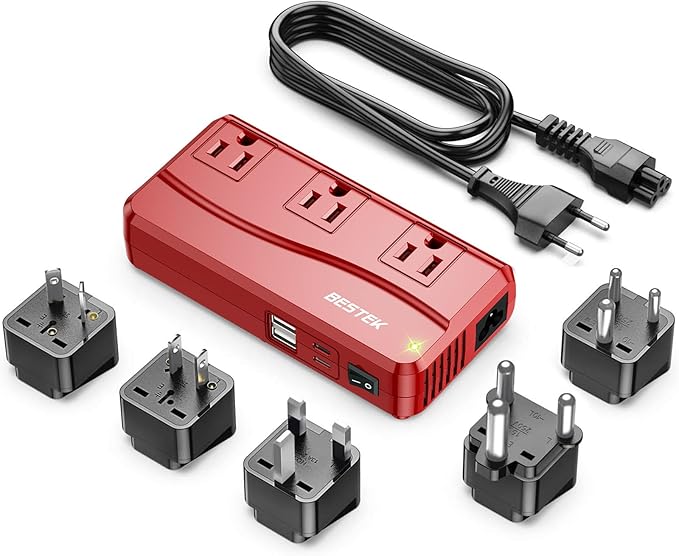 BESTEK International Power Adapter 300W, 220V to 110V Step Down Travel Voltage Converter with 4-Port USB Including US/AU/EU/UK//India/South Africa Plug Adapter (Red)