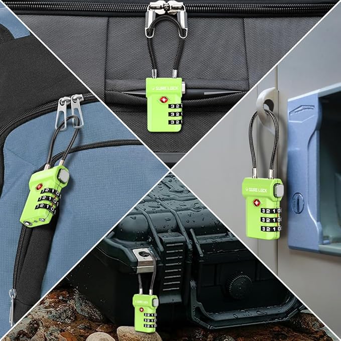 SURE LOCK TSA Approved Luggage Locks with Open Alert Indicator, 3 Digit Combination Cable Travel Lock for Suitcase, Backpack, Gym Locker, Toolbox, Carry On & Travel Bag