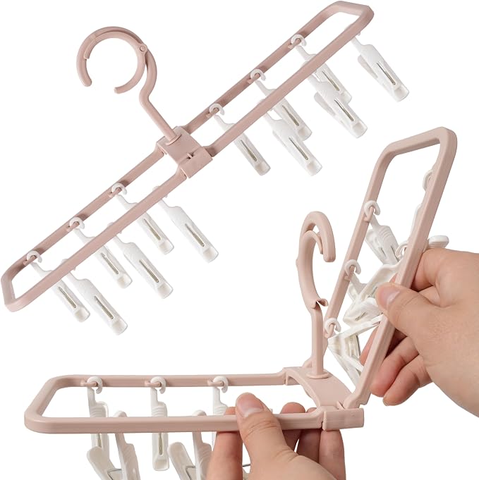 Clothes Drying Racks 2 Pack Grey Pink Small Folding Portable Underwear Hangers with 12 Clips 360° Rotatable Hook for Socks Drying Towels Bras Baby Clothes Gloves Plast 2 pcs Traceless Hook