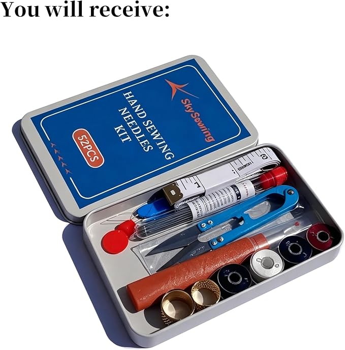 Skysewing 52PCS Large Eye Hand Sewing Needles Kit with Metal Box, Mini Sewing Kit with Threaders, Thimbles, Seam Ripper, Portable Sewing Repair Kit for Adults Beginner Travel Clothing Repair Home Use