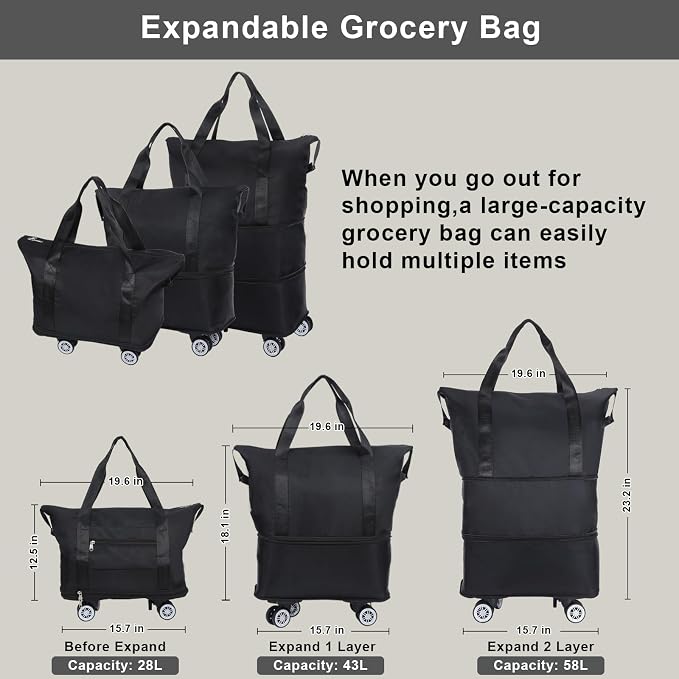 Reusable Grocery Bag on Wheels Shopping Bag with Wheels, Detachable Roller Tote Bag, Luggage Bag, used for Shopping, Camping, Traveling, Giving Gifts to Friends, Large Capacity, Black
