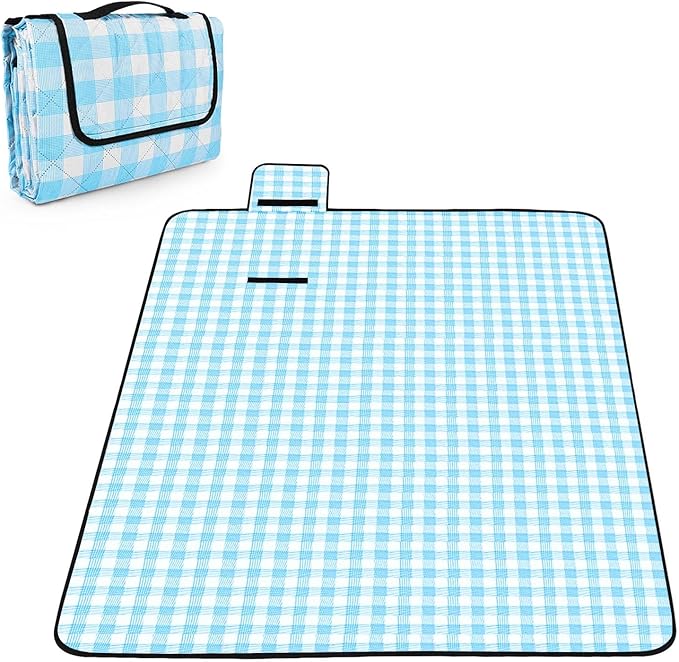 OBTANIM Extra Large Picnic Blanket 60 x 80 Inch Waterproof Foldable Beach Blankets Outdoor Picnic Mat for Camping Grass Lawn Park Music Festival Party Accessories (Blue and White)