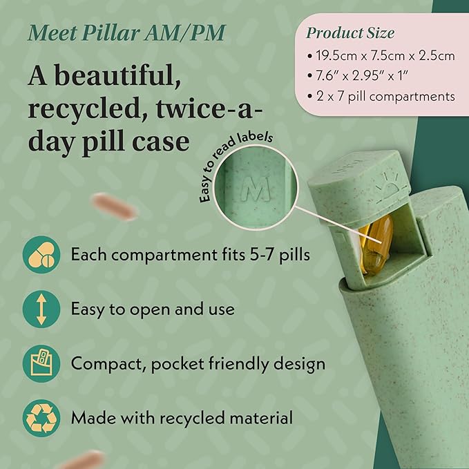 Pillar AM/PM Pill Box Organizer Two Times a Day | Aesthetic 7 Day Tablet Organizer 2 Times A Day | Beautiful Weekly Pill Box for Day and Night Medication (Lavender)