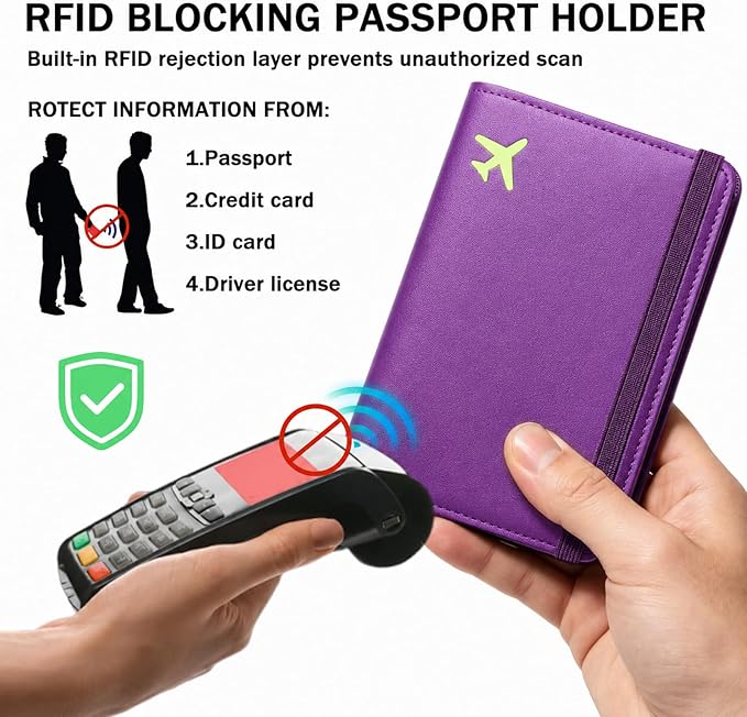 ZOPPEN RFID Blocking Passport Holder for Travel – PU Leather Waterproof Lightweight Passport Cover Wallet for Women Men, Travel Organizer with Card Slots for Airline Tickets & Passport Book, Purple