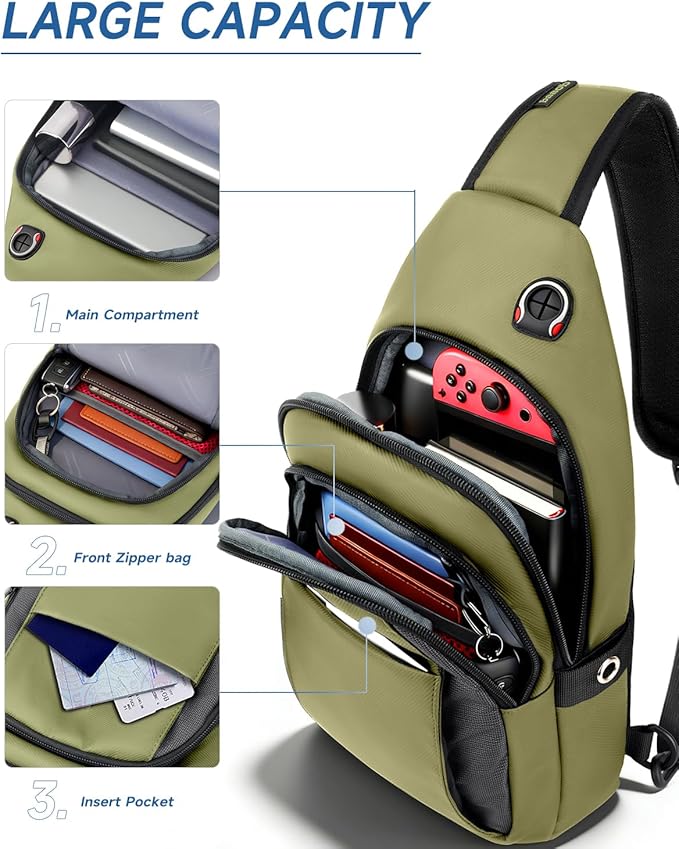 Anti-Theft Tactical Sling Bag for Men&Women, Water Resistant Crossbody Mini Backpack, Travel Hiking Lightweight Chest Pack,Built-in Audio Port, Reversible Strap, Fits 11 inch iPad & Switch 2