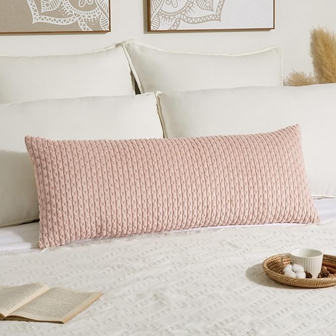 Kevin Textile Valentines Day 20x54 Inch Long Body Lumbar 1 Pack Boho Decorative Throw Pillow Cover Soft Striped Corduroy Rectangle Cushion Case Accent for Living Room Couch Sofa Bed, Light Pink
