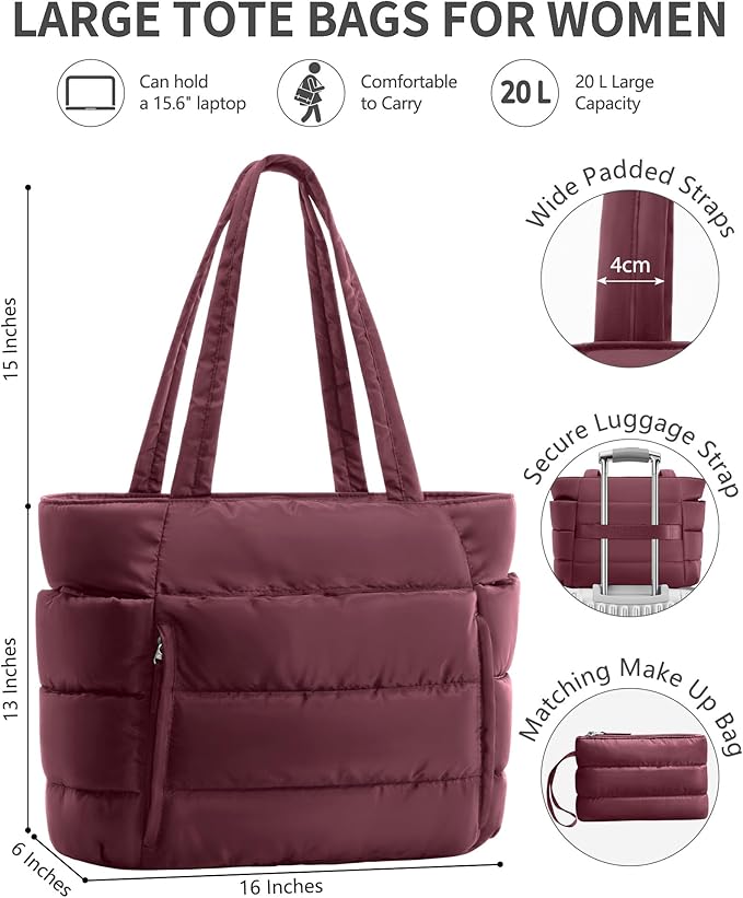 Bagstellar Puffer Tote Bag for Women, Lightweight Puffy Work Handbag Teacher Nurse Quilted Shoulder Bag for School Travel Gym | Cloud Bag w/ Zipper