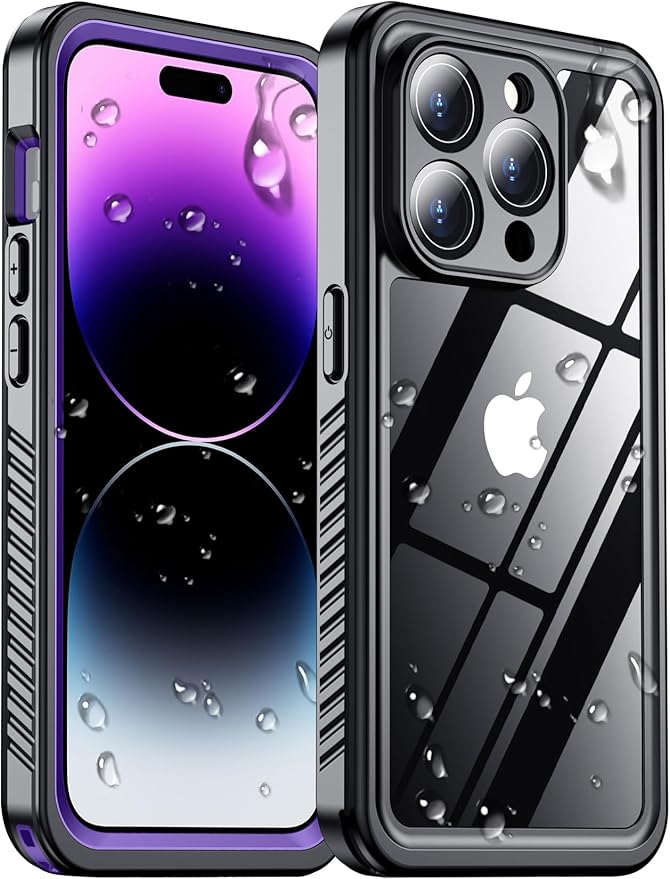 Compatible with iPhone 14 Pro Max Case Waterproof, Built-in Screen & Camera Protector IP68 Underwater Full Body 14FT Military Dropproof Shockproof Phone Case 6.7"-Purple/Clear