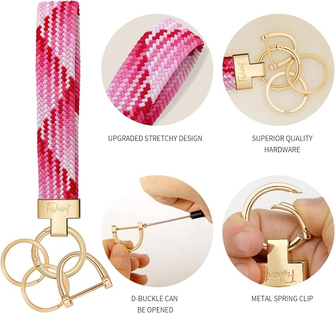 Fishent Stretchy Wristlet Keychain, Cute Key Chain, Woven Wrist Lanyard for Car Keys with 3 Keyrings and D-ring for Women Men