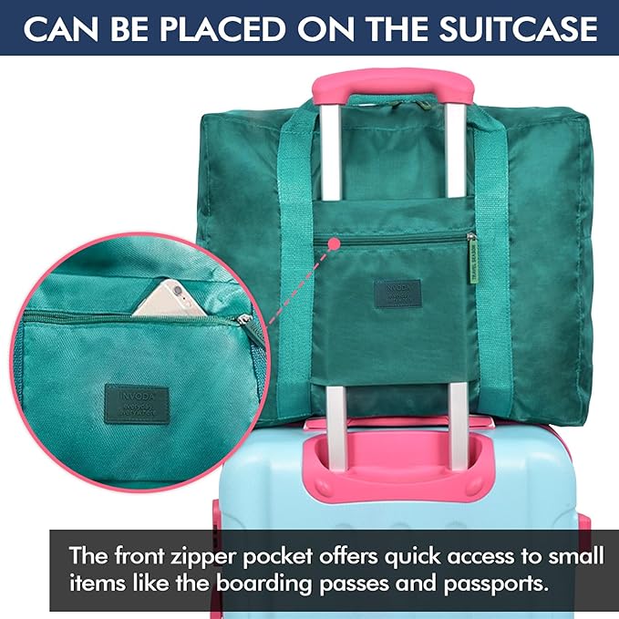 INVODA Travel Bag Lightweight Foldable Travel Duffel Bag Waterproof Sports Gym Bag Tote Carry On Luggage Bag Weekender Overnight Bag (Green+Blue)