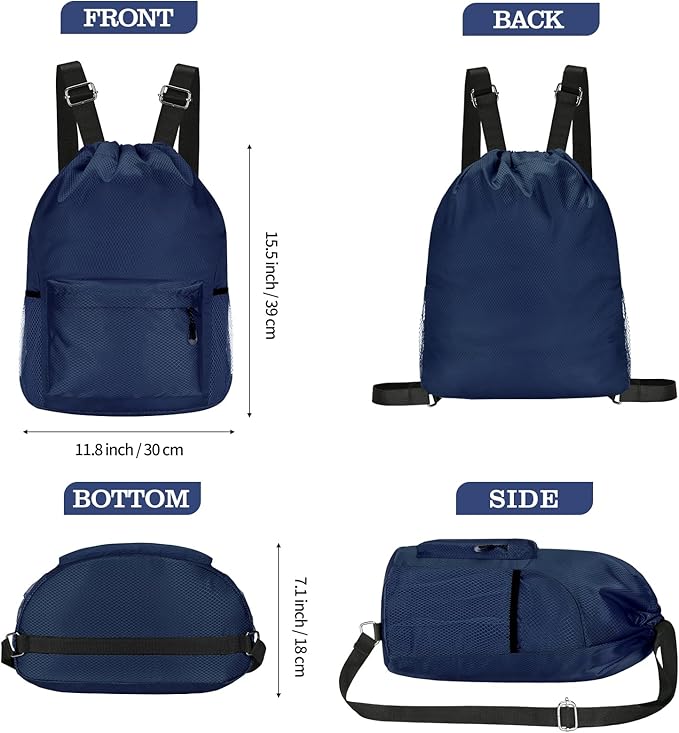 Waterproof Drawstring Bag, Lightweight String Backpack with Water Bottle Holder and Pockets, Gym Sports Cinch Sackpack (Blue)