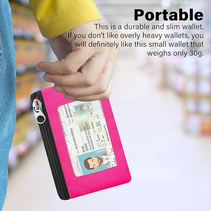 Minimalist RFID Blocking Wallet with Lanyard, Functional ID Case with 2 Zipper Pockets and Key Chain for Men and Women, Tactical Badge Pouch Cards Holder, Coin Purse for Travel Sports-Rose