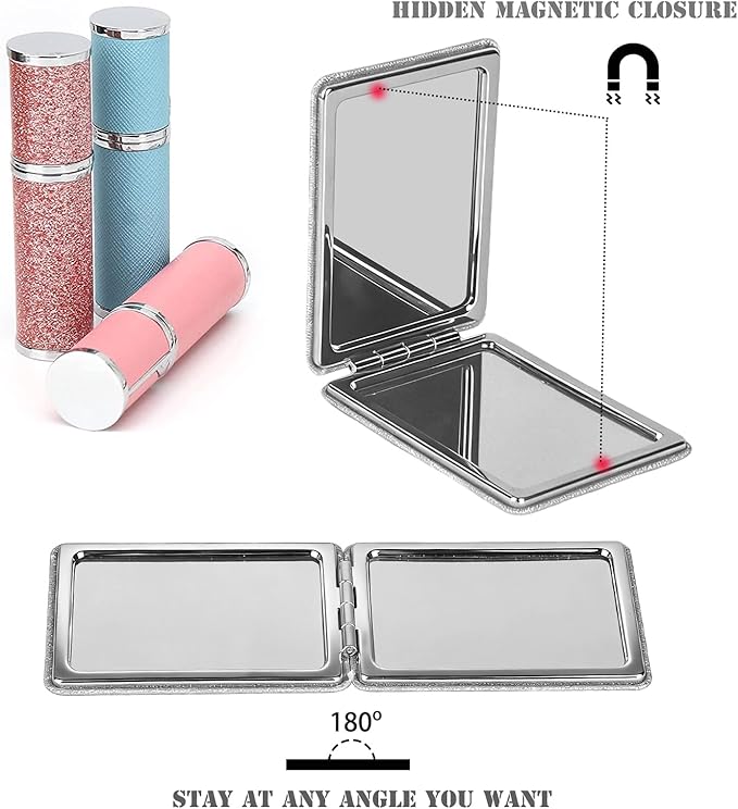 Nice Compact Travel Vanity Mirror for Girls Ladies Women Men, Elegant Silver 2-Sided Folding Makeup Mirrors for Pocket Handbag Purse Wallet Backpack, Portable Slim Magnifying Cosmetic Mirror