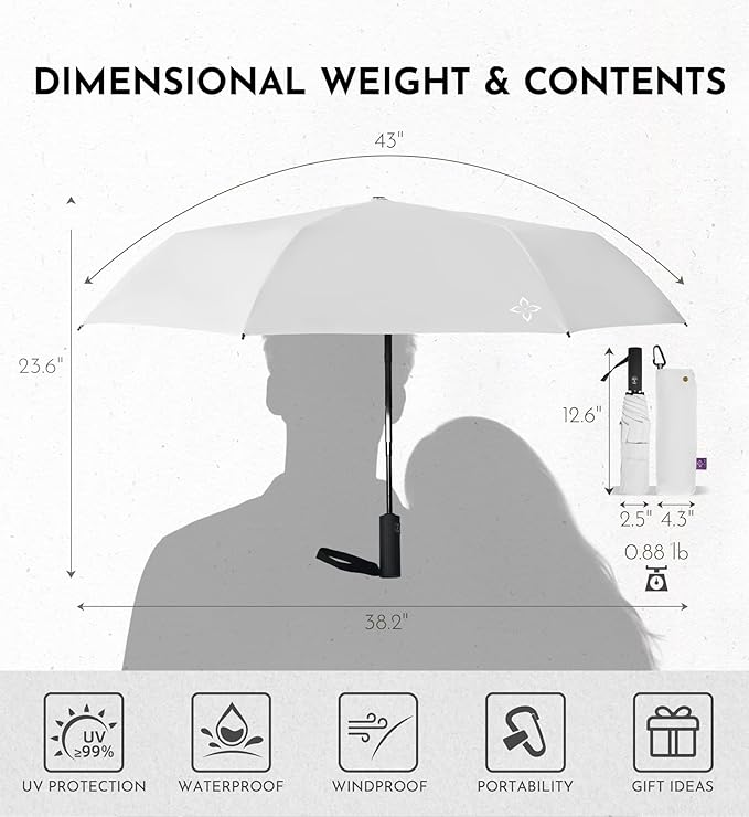 Windproof Travel Umbrella for Rain - 43" Compact Folding Umbrella, Reinforced Strong Frame, Lightweight Portable Parasol with UPF 100+ UV Sun Protection, Cruise Ship Essentials