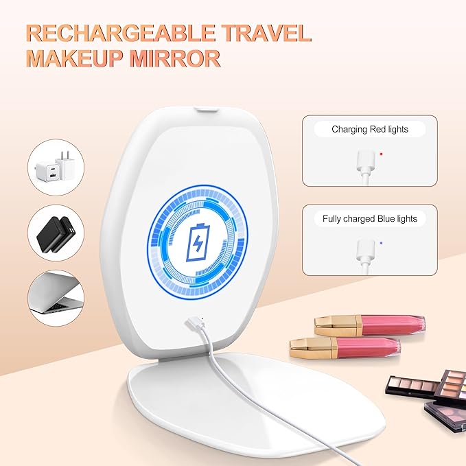 COSYGLOW Travel Makeup Mirror with Light: 3 Color Lighting Portable Mirror with Touch Screen Rechargeable Adjustable LED Lights Hexagon Vanity Mirror for Travel, Desk, Home(White)